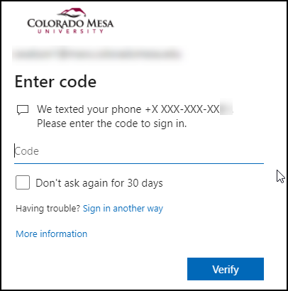 MFA Code Entry dialog box