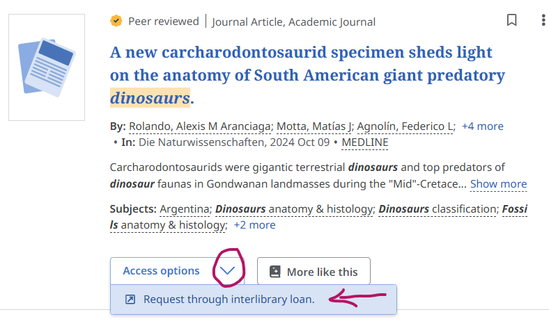 search result with request through interlibrary loan option