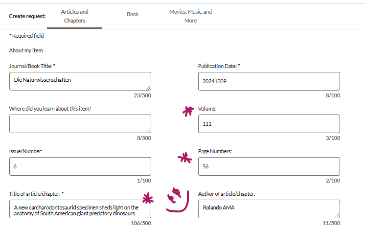 request form with imported citation details