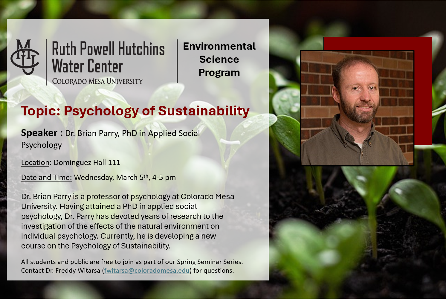 Environmental Science Seminar poster ad for 3/5 Psychology in Sustainability